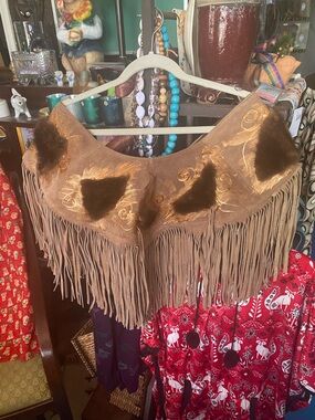 Brown Fringe Suede Western Shawl with Fur Accents